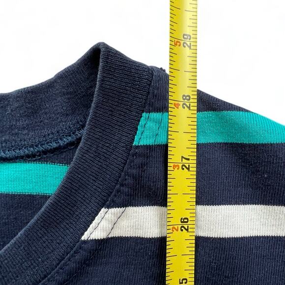 Vintage USA Made Duffel Striped T Shirt Navy Blue Teal White Preppy XL L Skater - Picture 8 of 8